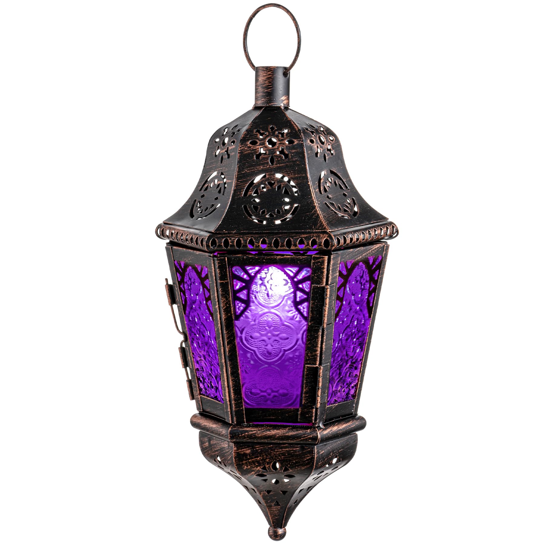 Photo 1 of DECORKEY Halloween Decorations Indoor, 13.6’’ Lantern Decorative Outdoor, Moroccan Style Hanging Lantern with Chian for Home Porch Patio Decor, Vintage Metal Christmas Ramadan Candle Holders(Purple)