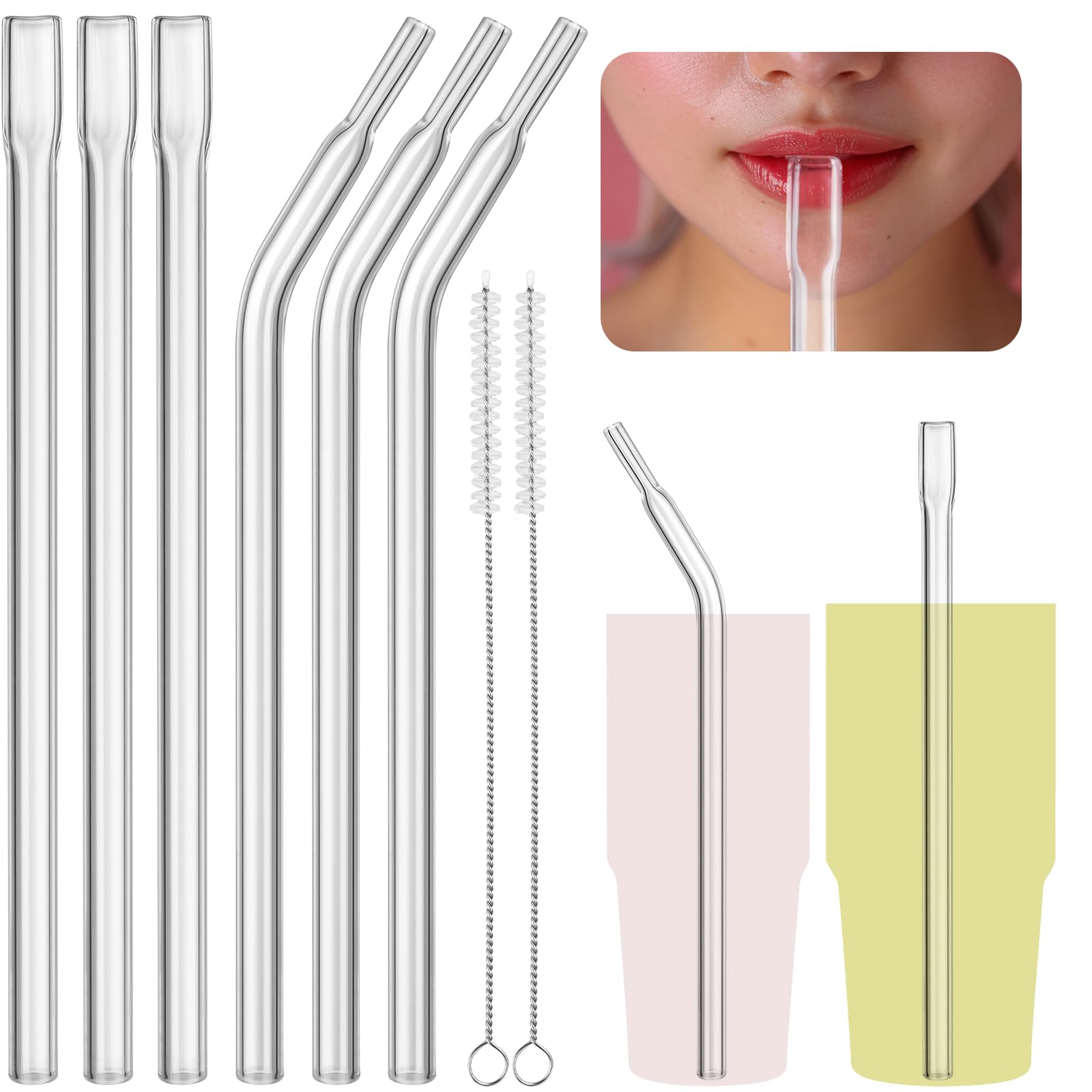 Photo 1 of NiHome 6PCS Reusable 8" Anti-Wrinkle Flat Tip Borosilicate Glass Straws for 14oz & 20oz Stanley Cups, Straight & Bent Set, Reduces Lip Lines, Eco-Friendly, Dishwasher Safe, Non-Toxic Drinking Straws