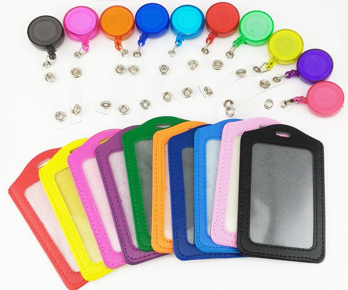 yueton Pack of 10 PU Leather ID Badge Card Holder with Retractable ID Badge Reel : Office Products