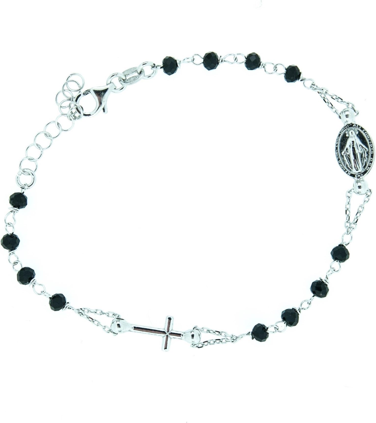 Catholic Christian Religious Medal Virgin Mary Cross Prayer Rosary Bracelet for Women for Men For Teen Rosary in 925% Sterling Silver And Black Onyx Beads 21 cm Made in italy