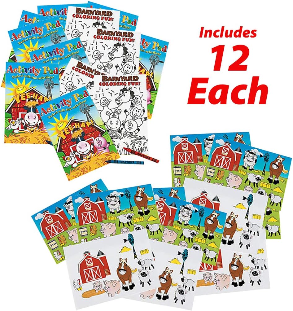 AbbyRose Barnyard Birthday Pack for 12 Kids | Farm Activity Books, Color Crayons, Farm Party Stickers | Farm Birthday Party Supplies Kit | Fun on the Farm Party Favors