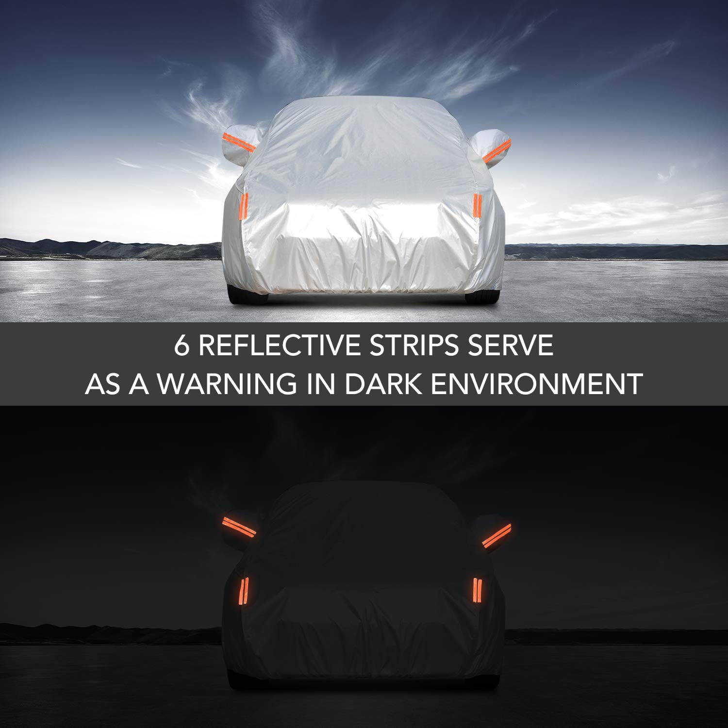 Car Cover Universal Full Car Covers with Zipper Door 6 Layers All Weather Protection Waterproof Windproof Dustproof Scratch Resistant Outdoor UV Protection Car Reflective Strips for Sedan Wagon Use