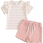Mandizy Toddler Baby Girl Clothes Summer Ribbed Knit Ruffle Short Sleeve Striped Print T-Shirt Tops Shorts Set Outfit