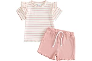 Mandizy Toddler Baby Girl Clothes Summer Ribbed Knit Ruffle Short Sleeve Striped Print T-Shirt Tops Shorts Set Outfit