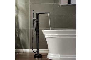 WOODBRIDGE F0015BL Contemporary Single Handle Floor Mount Freestanding Tub Filler Faucet with Hand shower in Matte Black Finish.