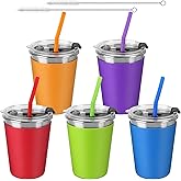 ShineMe 5Pack Kids Cups with Straws and Lids Spill Proof, 12oz Toddler Straw Cups with Colorful Silicone Sleeves, Unbreakable Stainless Steel Water Tumblers for Cold & Hot Drinks