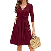 Zattcas Womens 2026 Wrap V Neck 3/4 Sleeve Cocktail Dress Pleated A Line Fit and Flare Wedding Guest Dress with Pockets