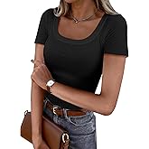 Women Short Sleeve Tops Ribbed Knit Slim Fit U Neck Top Basic Tee Shirts for Summer Casual Trendy Blouse