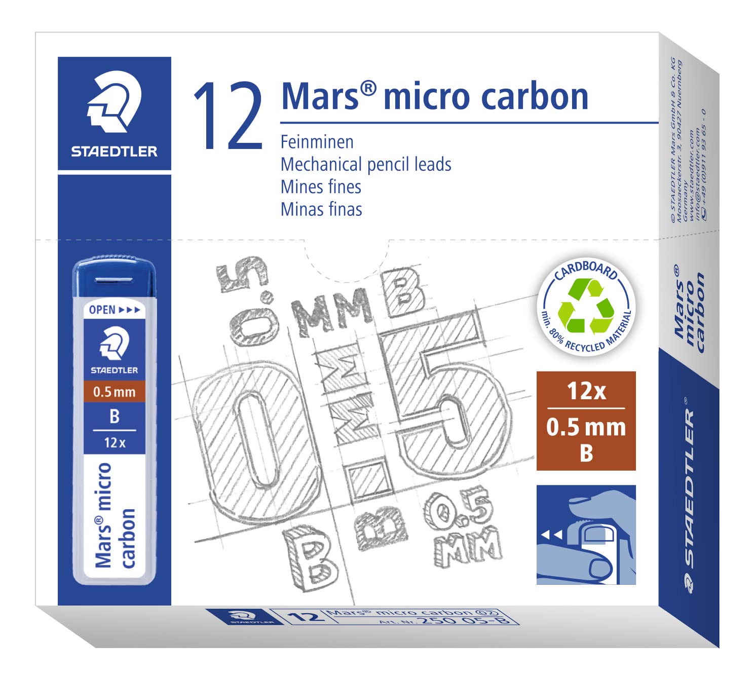 STAEDTLER 250 05-B Mars Micro Refill Leads for Mechanical Pencils - B, 0.5mm (Box of 12 x Tubes of 12 Leads)