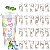 SiliFine 24 Pcs Valentine's Day Conversation Heart Plastic Cups with Lid and Straw 24 oz Clear Candy Plastic Cup Bulk Valentines Day Cups Tumbler for Conversation Heart Party Decoration