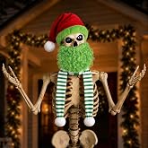Giegxin 3 Pcs 12 ft Skeleton Christmas Outfits, Red,Green | with Large Plush Santa Hat, Striped Scarf, Elastic White Fake Beard, for Xmas Holiday Party Outdoor Yard Garden Lawn