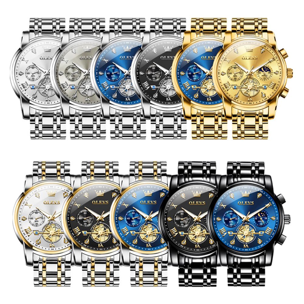 OLEVS Men Silver Watches,Men's Stainless Steel Chronograph Watch,Man Analog Quartz Big Face Male Watches Luxury Waterproof Roman Numeral Dress Diamond Relojes para Hombre