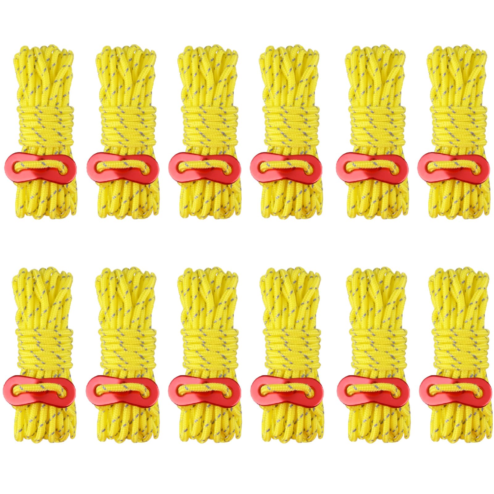 Azarxis Tent Guy Rope 4mm Reflective Guy Line 4m / 13 Feet Tarp Guide Rope with Aluminum Tensioner Cord Adjuster for Camping Awning Canopy Hammock Packing Tying Down (Yellow - 12 Pack)