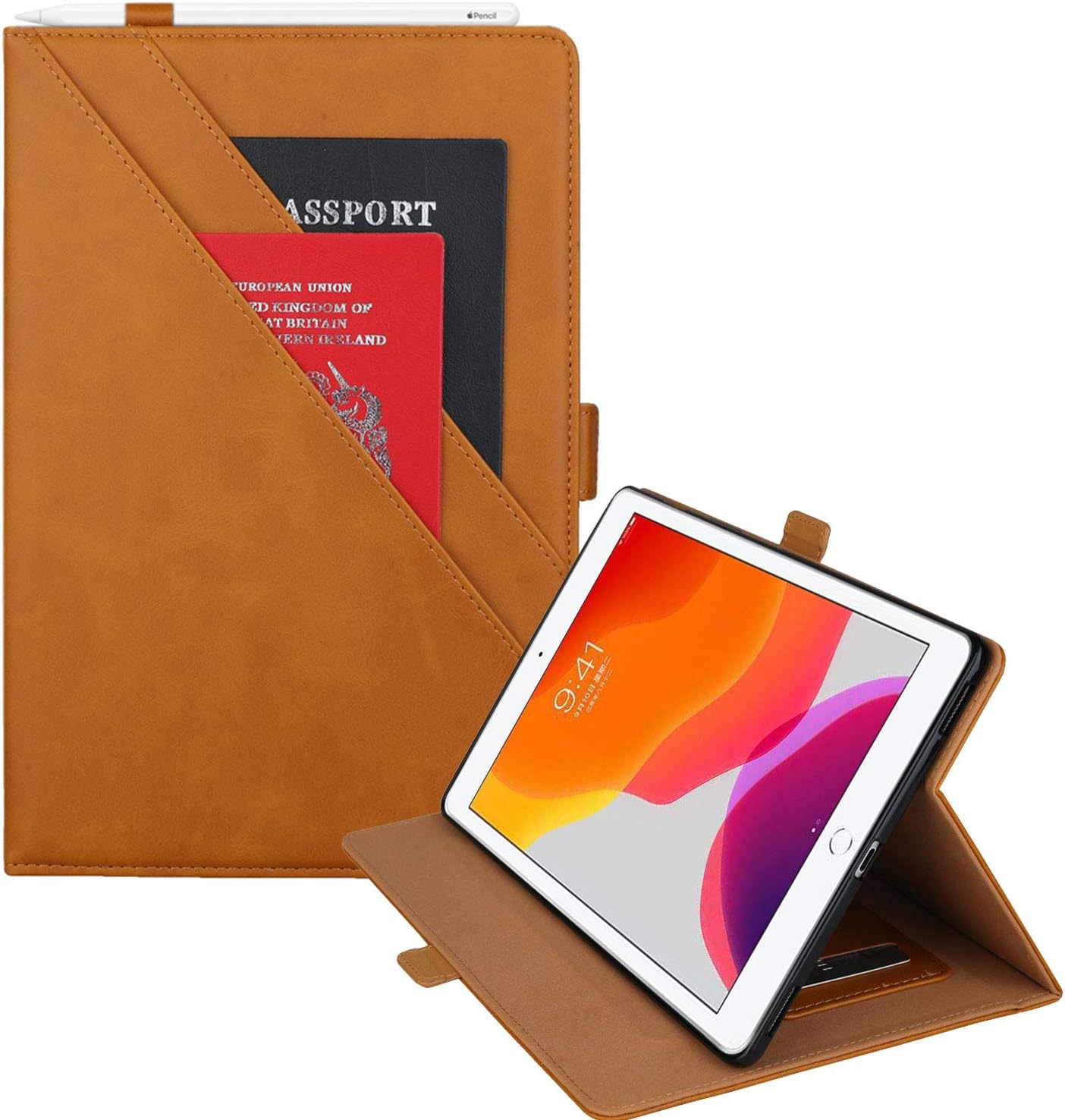 Coopts for iPad 7th Generation 10.2 2019 Case with Pen Holder, Auto Sleep/Wake Smart Protective Multi-Viewing Angles Kickstand Document Pockets Folio Cover for iPad 10.2 2019 Tablet, Lightbrown