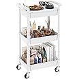 Steehoom 3-Tier Utility Rolling Cart with Cover Top Board, Mobile Utility Cart with Lockable Casters Multi-Functional Storage Trolley for Office, Bathroom, Kitchen, Garden, Laundry Room (White)