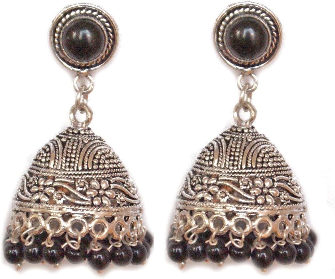 Pahal Traditional Black Pearl Kundan Oxidized Long Silver Jhumka Earrings South Indian Jewelry Set for Women