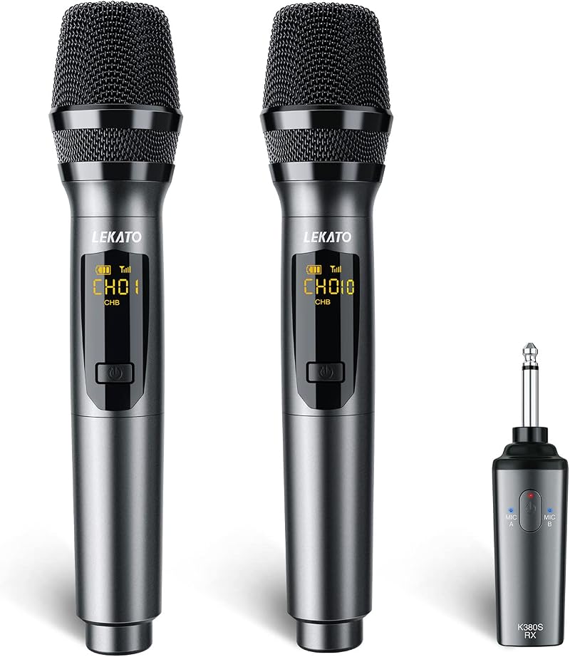 LEKATO 2.4GHz Wireless Microphone Set Dual Handheld Karaoke Mic Silver