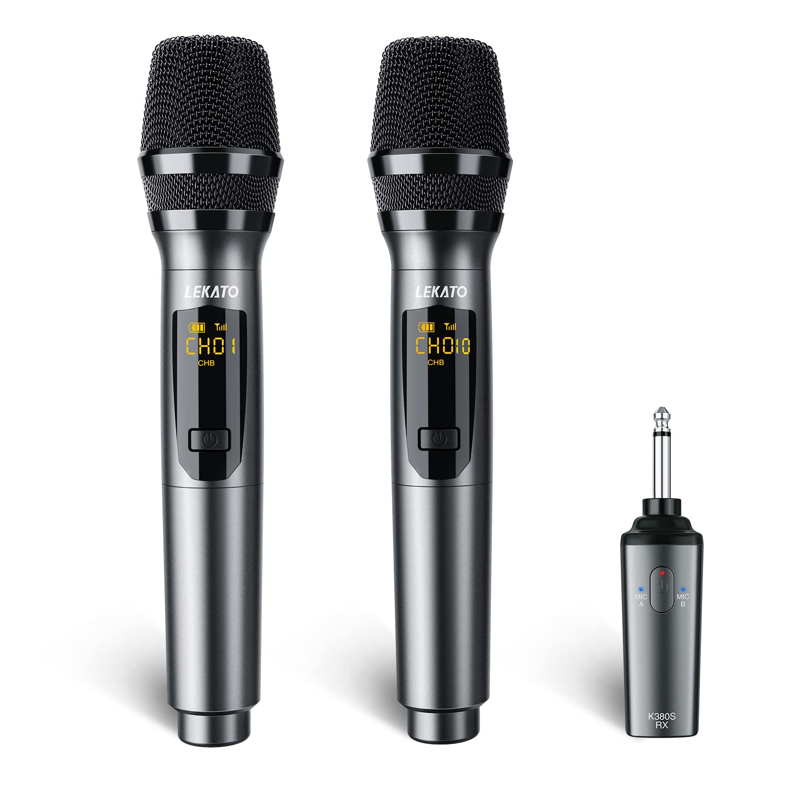 LEKATO 2.4GHz Wireless Microphones,Metal Singing Microphone,Rechargeable Dual Handheld Cordless Mic Up to 30 Hours Runtime,Karaoke Mic Set for Singing,Speech,Church,Party,Home KTV,DJ,Wedding (Silver)