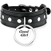 ADEMISHIA Black O-ring Leather Choker Collar for Women, Gothic Punk Style Adjustable Choker Necklace with Rivets and Engraved Letters Steel Tag