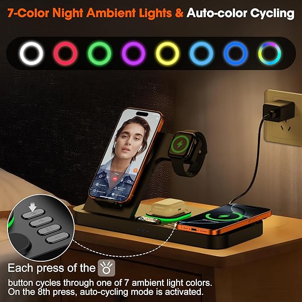 DUAL PHONE MAGNETIC WIRELESS CHARGING STATION FOR APPLE DEVICES/APPLE ECOSYSTEM,WITH AUTO-SWITCH 7-COLOR LIGHT & CLOCK, COMPATIBLE WITH IPHONE 17/16/15, FOR IWATCH 11/10/9 & AIRPODS PRO3（BLACK