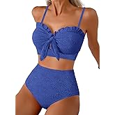 Herseas Women's Seashell Textured Bikini Sets Knotted Front 2 Piece Swimsuits Ruffle Trim Bathing Suits