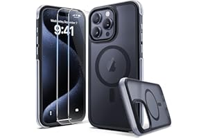 pop-tech for iPhone 15 Pro-Max Case: with 2X Tempered Glass Screen Protector Military Drop Protection Matte Black Phone Case for MagSafe - Shockproof Translucent Magnetic Bumper Cover for 15 Pro Max