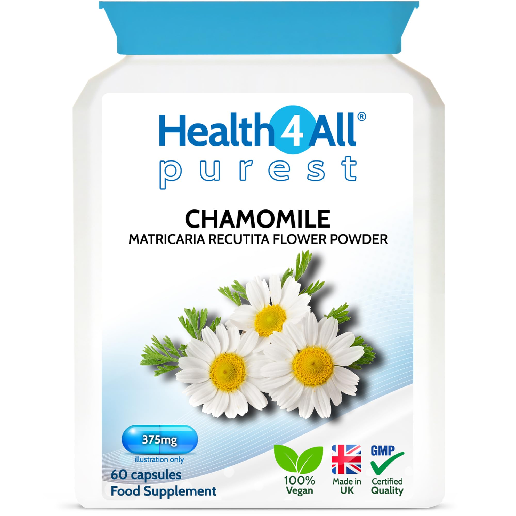 Health4All Chamomile 375mg, 60 Capsules 2 Months Supply, Purest Anxiety, Stress, Sleep and Digestive Health Supplement, Vegan Matricaria Recutita Flower Powder (not Extract) Capsules | Made in UK