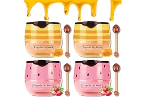 MINILING Bee Balm Lip Balm Honey Pot, 4 PCS Strawberry & Honey Lip Masks Hydrating Prevention Dry and Cracked Lip Scrubs Exfoliator, Lip Exfoliating Bee Balm Sleeping Lip Mask, Lip Sleep Mask Reduces Lip Lines