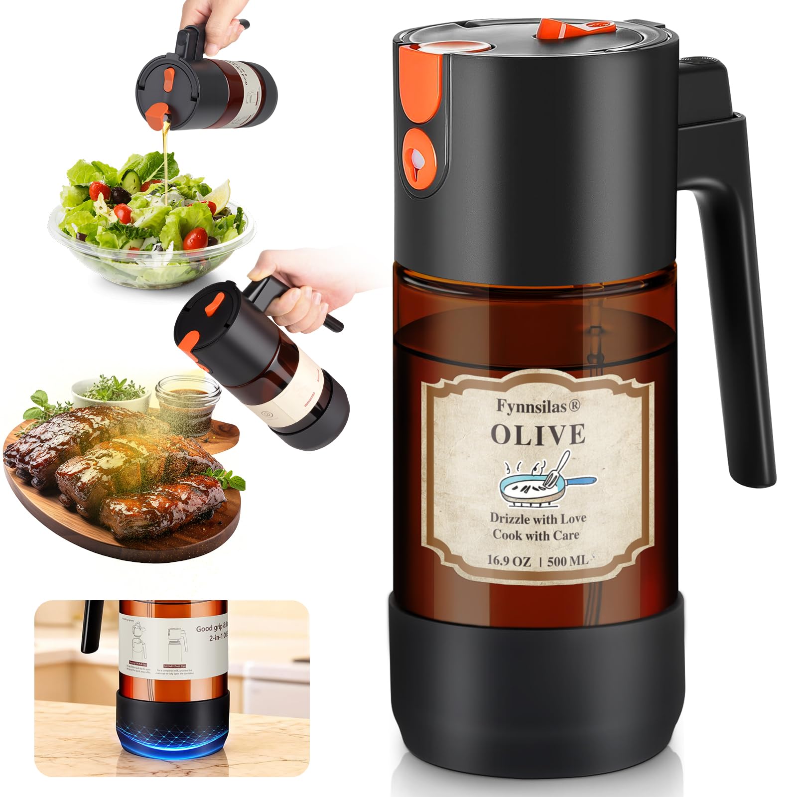 Photo 1 of 2-IN-1 Oil Sprayer for Cooking with 8 Stickers Light-Blocking Dark Glass Olive Oil Dispenser Bottle for Kitchen 500ml/16.9oz Oil Mister for Air Fryer, BBQ,Salad Even Spray with Portion Control