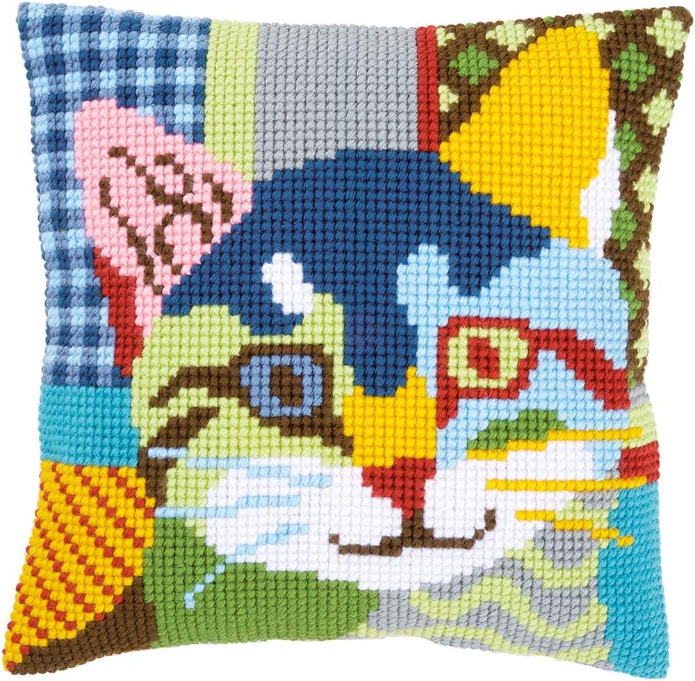 Vervaco Cross Stitch Cushion Cat Patchwork, Outlined Cross Stitch Kit Cushion Vorbeze Nice, Cotton, multicoloured, 40 x 40 x 0.3 cm