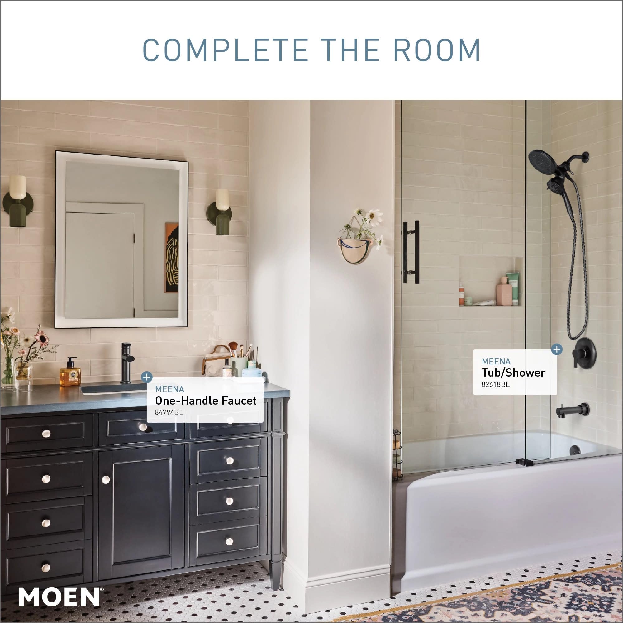 Moen Meena Matte Black Single Handle Modern Shower Faucet Set with Handshower and Tub Spout for Bathtub, Valve Included, 82618BL