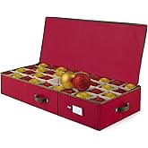 ZOBER Underbed Christmas Ornament Storage Box - Stores 72 Large 4" Ornaments, With Dividers - Tear Proof 600D Oxford Fabric, Ornament Organizer Storage Box, Durable Christmas Containers Holder - Red