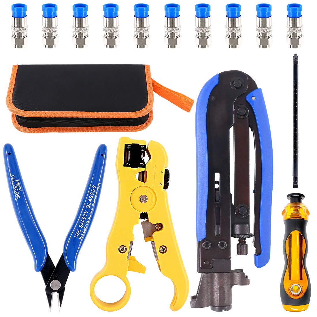 Hilitchi 5 in 1 Coaxial Compression Tool with Instruction Manual Coax Cable Crimper Cable Stripper RG6 RG59 RG11 75-5 75-7 Screwdriver and Micro Cutter with 10 PCS F Compression Connectors Blue RG6
