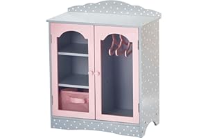 Olivia's Little World Polka Dot Princess Wooden Shaker-Style Double Closet for 18" Doll Wardrobes with Windowed Doors, Three Shelves, Hanging Space with Hangers, Gray/Pink