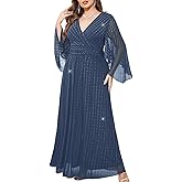 ZOMVA Plus Size Formal Dresses Sparkly V-Neck A Line Glitter Wrap Dress Evening Gown Cocktail Prom Butterfly Sleeve