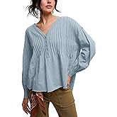 Yeokou Womens Pleated Shirt Cotton V Neck Long Sleeve Button Blouse Loose Fit A Line Henley Summer Fall Top(Blue-S)
