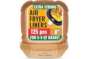 Air Fryer Paper Liners, 125Pcs Air Fryer Disposable Liners, Non-Stick and Oil Proof for Easy Cleanup, 8” Square for 5-8 qt Basket by Baker's Signature