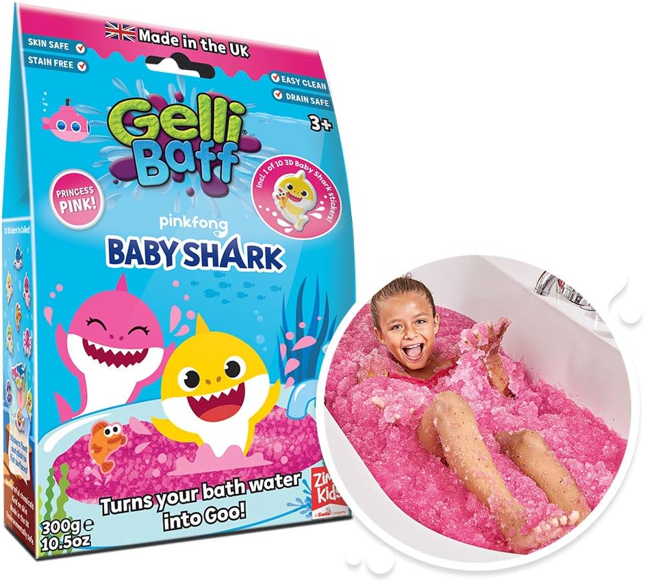 ZIMPLI, Baby Shark Gelli Baff Pink with Floating 3D Bath Sticker, 1 Bath or 6 Play Uses, Magically turns water into thick