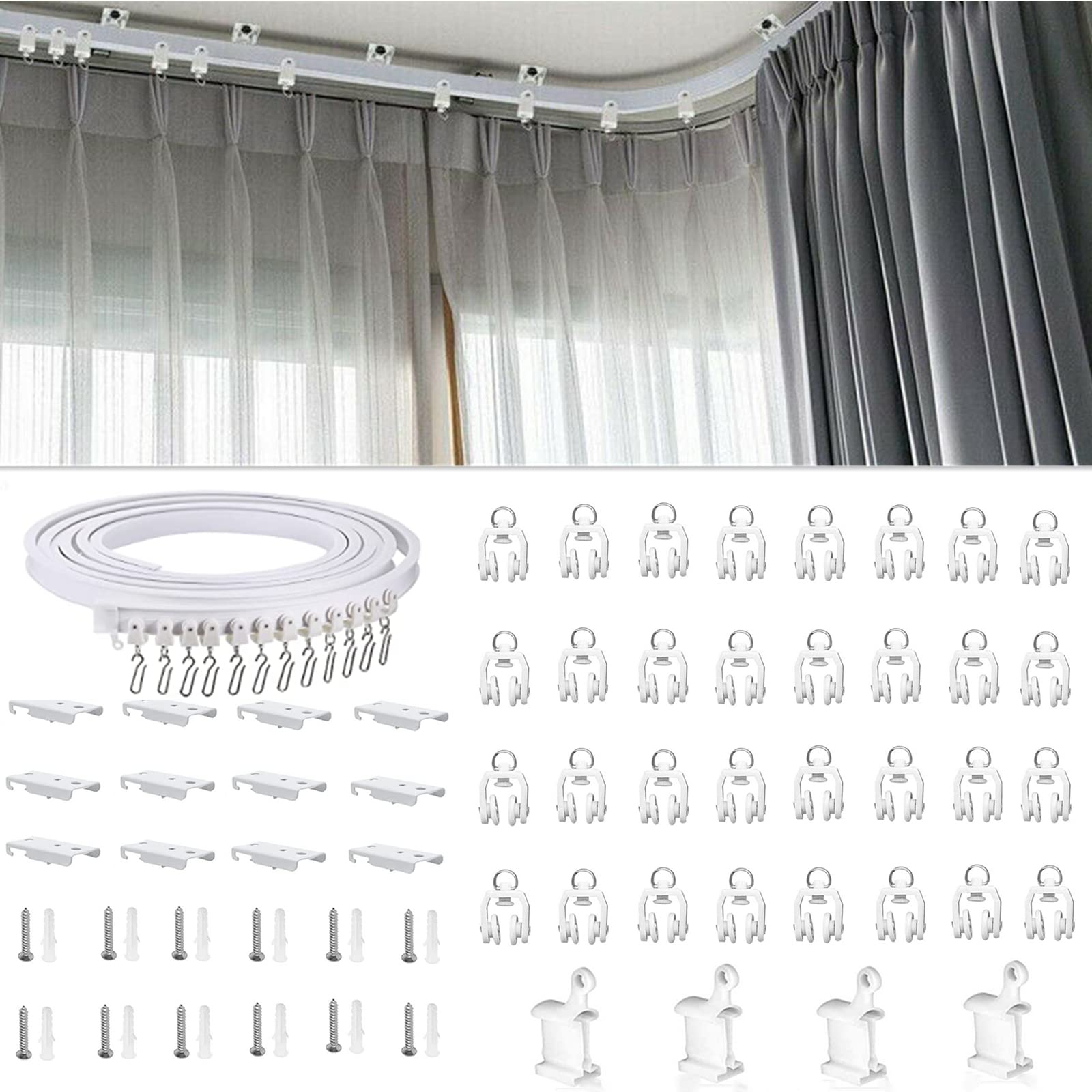 Binwat Flexible Plastic PVC Curtain Track Room Divider Curtain Rod Runner Rail RV Rail Shower Corner Long Curved Hospital Privacy System Wall Ceiling Mounted Fixing Hooks (4 meter,Top clamping)