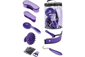 Harrison Howard 7 Pieces Horse Grooming Kit Horse Bathing Supplies Brushes for Grooming with Convenient Organizer Tote Purple