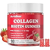 ArtsBear Collagen Gummies with Vitamins C, A, E, Zinc, and Biotin – Hydrolyzed Collagen Peptide Supplement for Hair, Skin, and Nails – Vegan, Sugar-Free, Strawberry Flavor – 90 Gummy