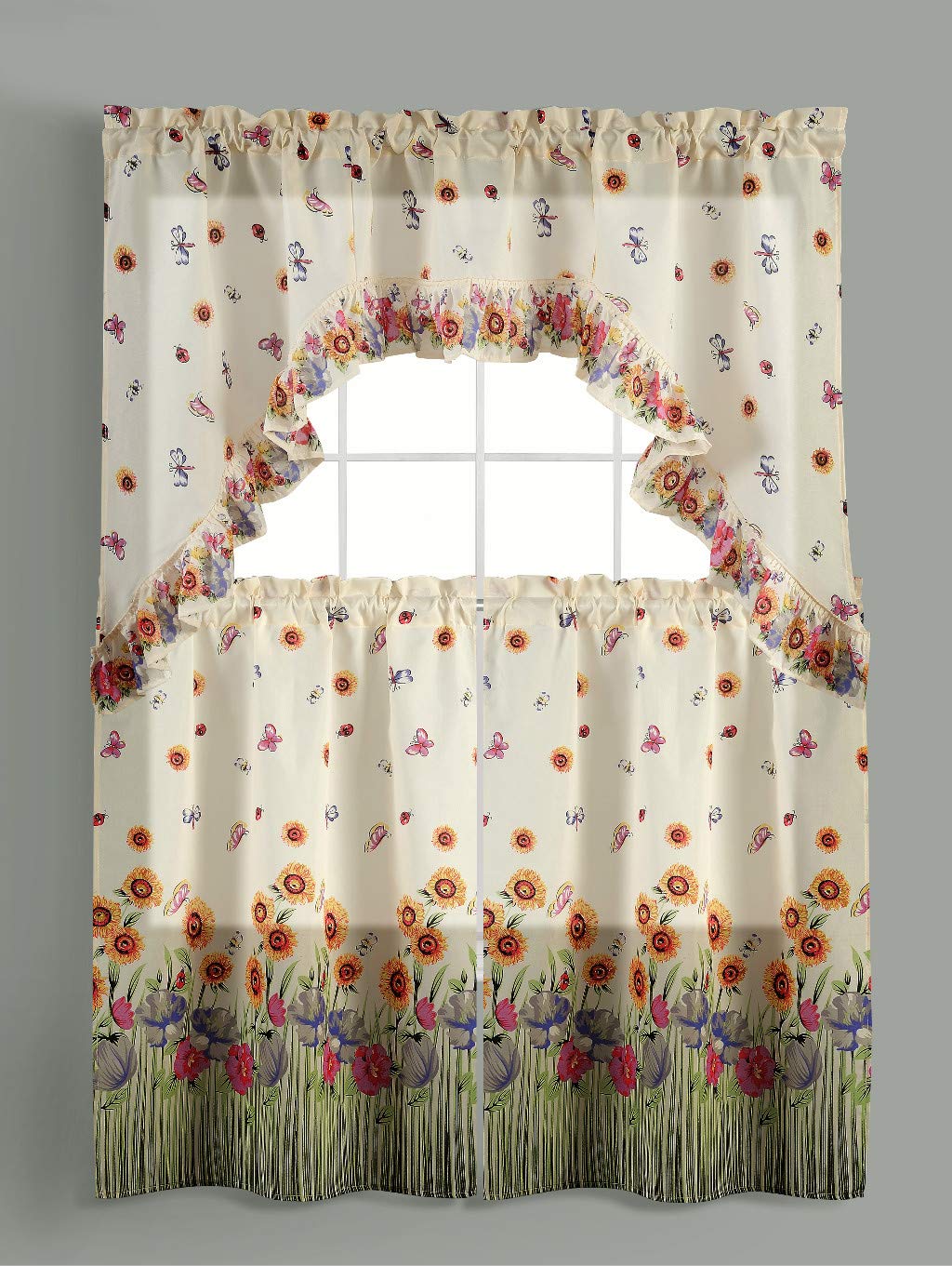 Jenin 3PC Rod Pocket Printed Kitchen Curtain Tier Swag Valance Set Kitchen Decor Bathroom Window Curtain Window Treatment Panels 36 INCH Curtains(Butterfly)