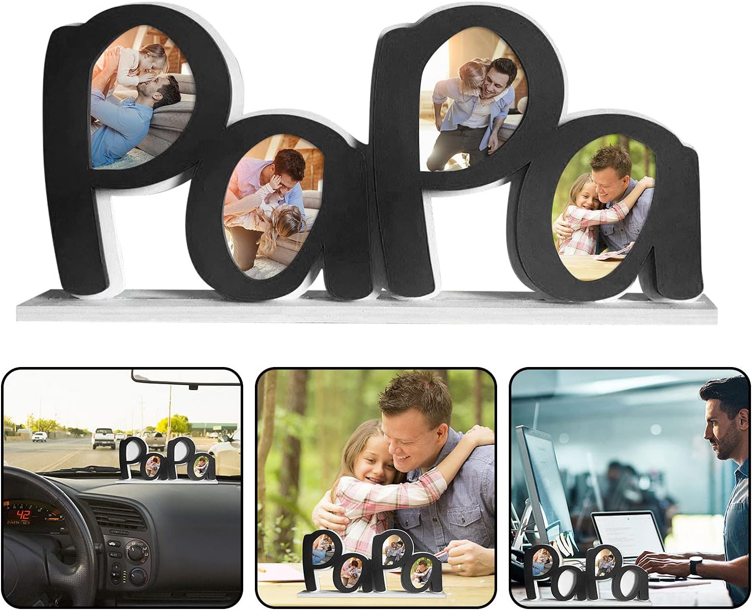 SanChesee Personalized Father's Day PaPa Picture Frame Dad Birthday Gifts from Daughter or Son Wooden DaD Collage Clip Photo Frame Letter Art Ornaments Home Office Desktop Decoration