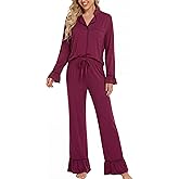 lulukaka Women Bamboo Viscose Pajama Sets Ruffled Cuff Hem Long Sleeve Fancy Yarn 2 Piece Loungewear Loose Fit Drop Shoulder