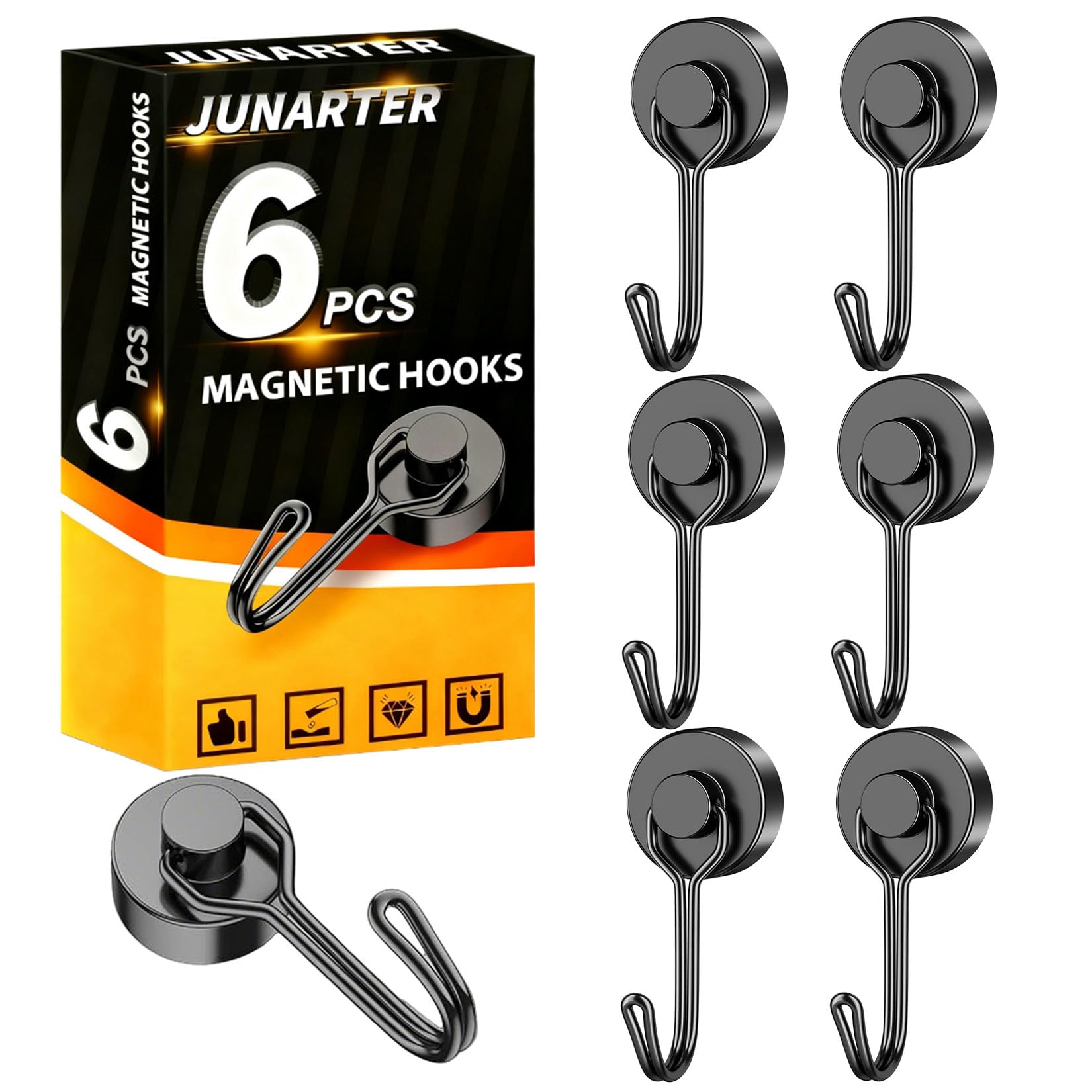 Photo 1 of Junarter 6 Pack Black Magnetic Hooks Heavy Duty, 40LBS Strong Neodymium Magnet Hooks, Swivel Swing Magnetic Hooks for Hanging, Magnet Hooks for Cruise Cabins, Kitchen, Home, Office, Garage, Grill