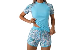 Women Two Piece Rash Guard Hawaii Graphic UPF 50+ Bathing Suit Short Sleeve Shirt and Board Shorts Surfing Swimsuit