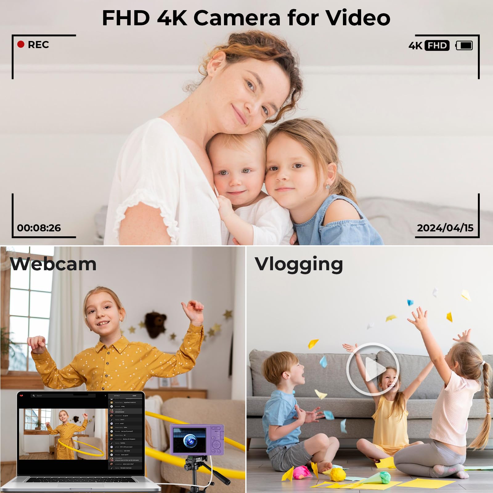 Digital Camera, 44MP FHD 4K Vlogging Camera for Kids Point and Shoot Cameras with 64GB Card, 16X Zoom Portable Compact Small Camera Gifts for Teens Boys Girls Adult Beginner