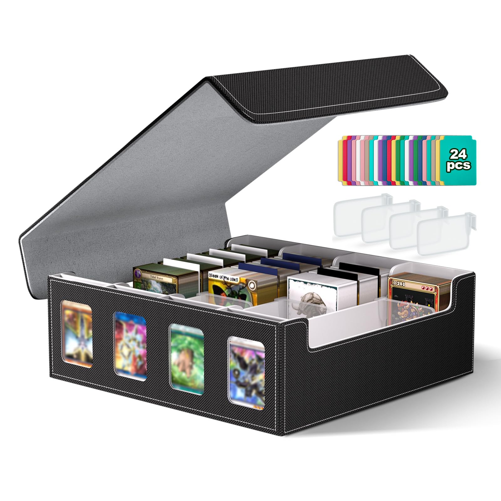 JUOIFIP Trading Card Storage Box, Commander Card Deck Case Holds 2400+ Cards, Card Deck Case with 24 with Colorful Dividers & 4 Toploader, Magic Card Organizer Fits for MTG, TCG, PTCG Cards