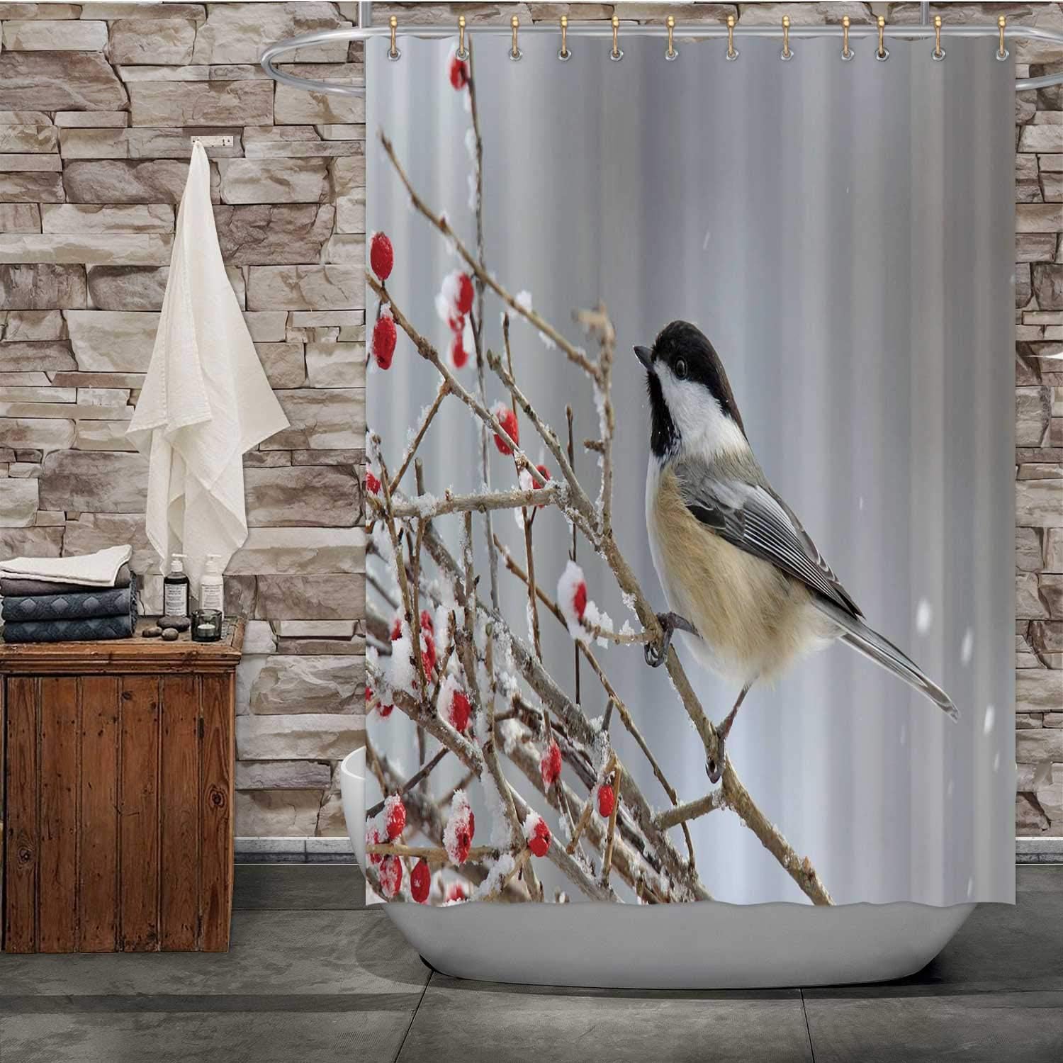 Dxichy Winter Chickadee on Berries Bird,Fabric Shower Curtain Winter Bathroom Decor