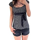 Women Y2k Fairy Coquette Babydoll Shirt Short Sleeve Polka Dot Peplum Baby Tee Blouses Summer Going Out Crop Tops